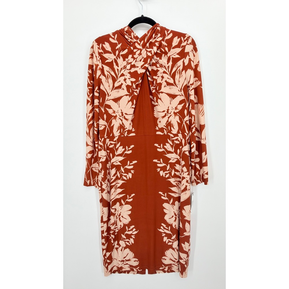 Clover and Sloane Women 14 Rust Floral Long Sleeve Twist Neck Dress NWT